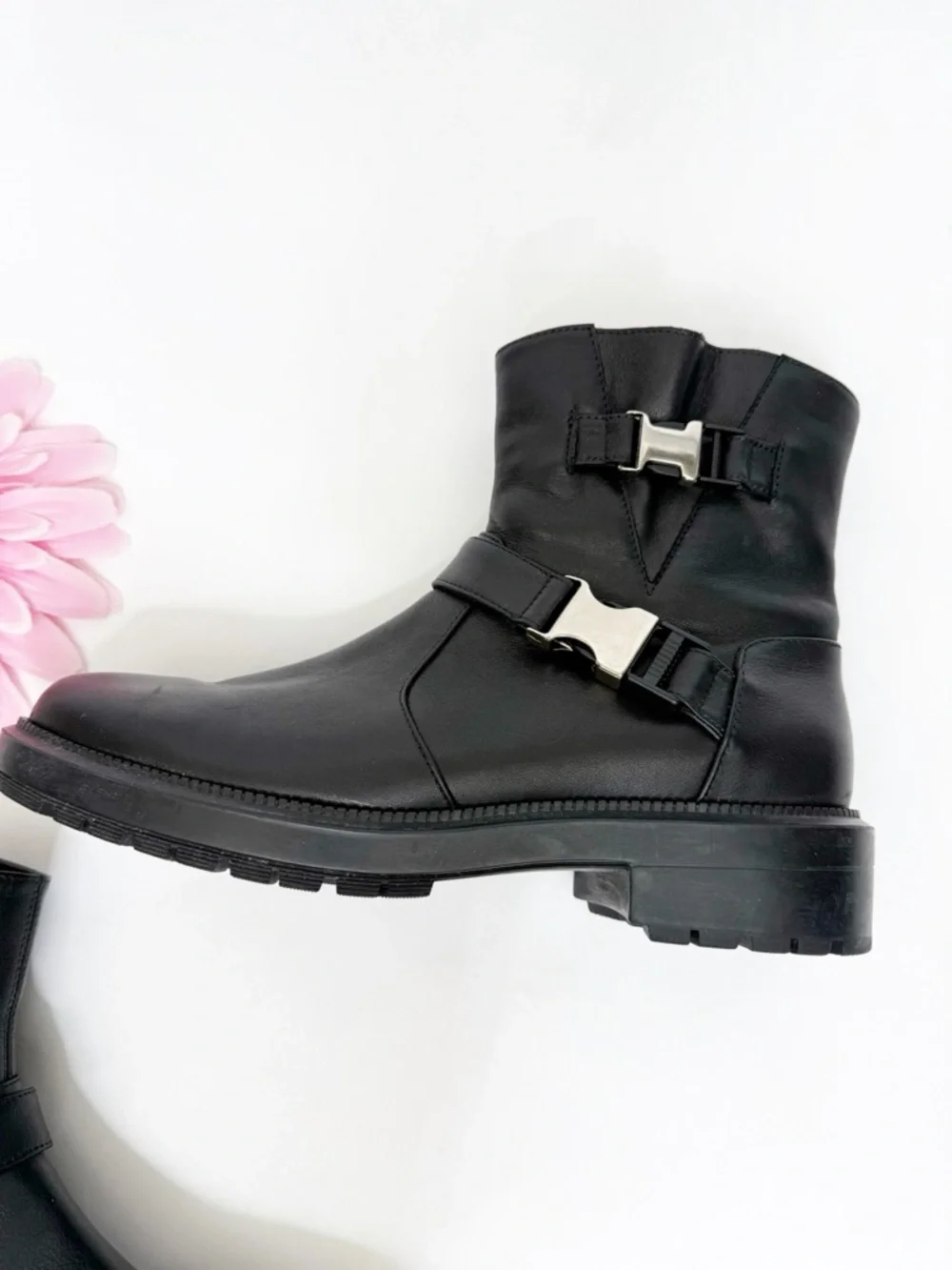 Aquatalia Lillie Moto Leather Ankle Boots Buckle Black Silver